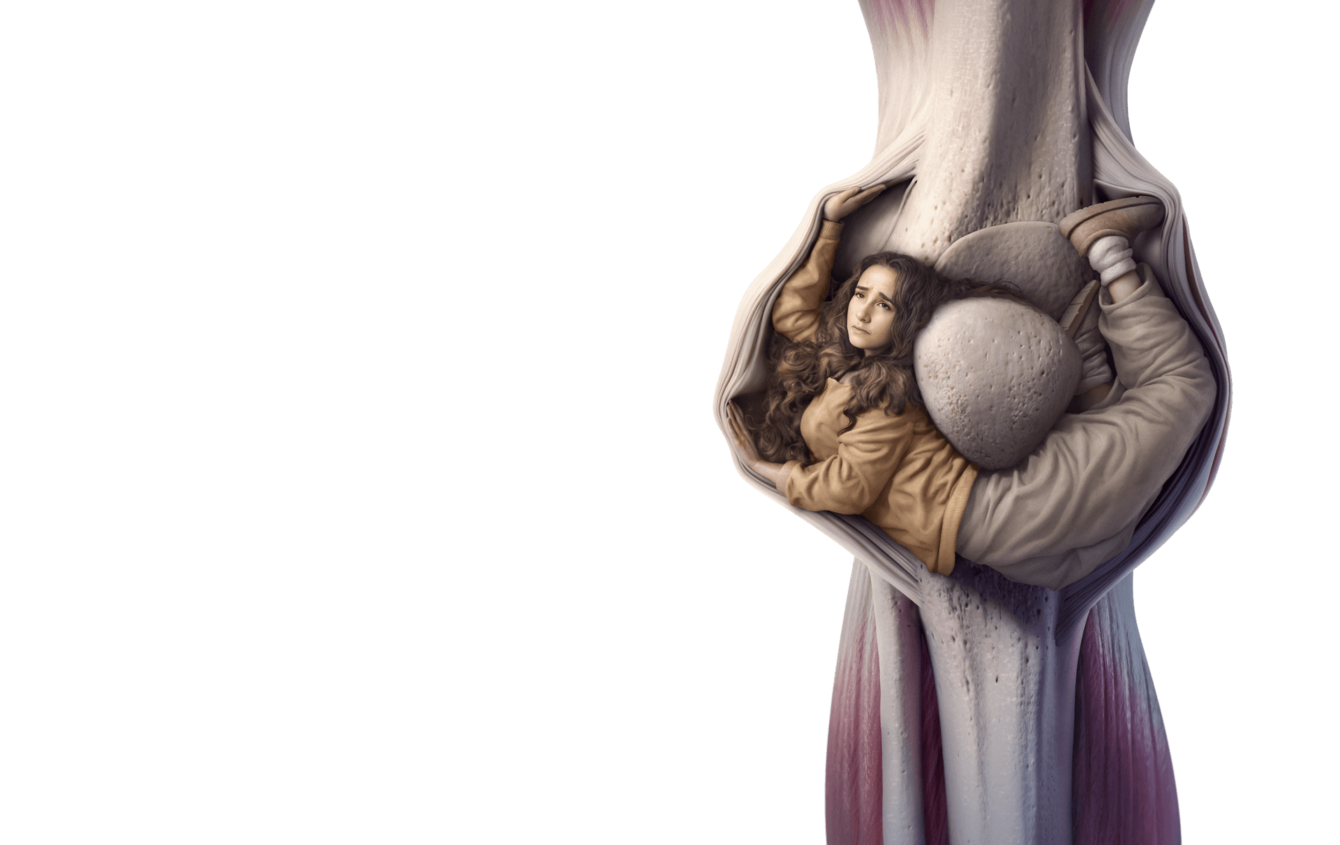 A young woman with her body uncomfortably wrapped around a bone joint