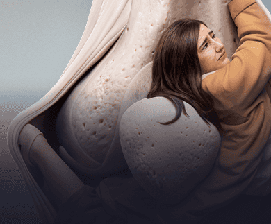 A young woman with her body uncomfortably wrapped around a bone joint